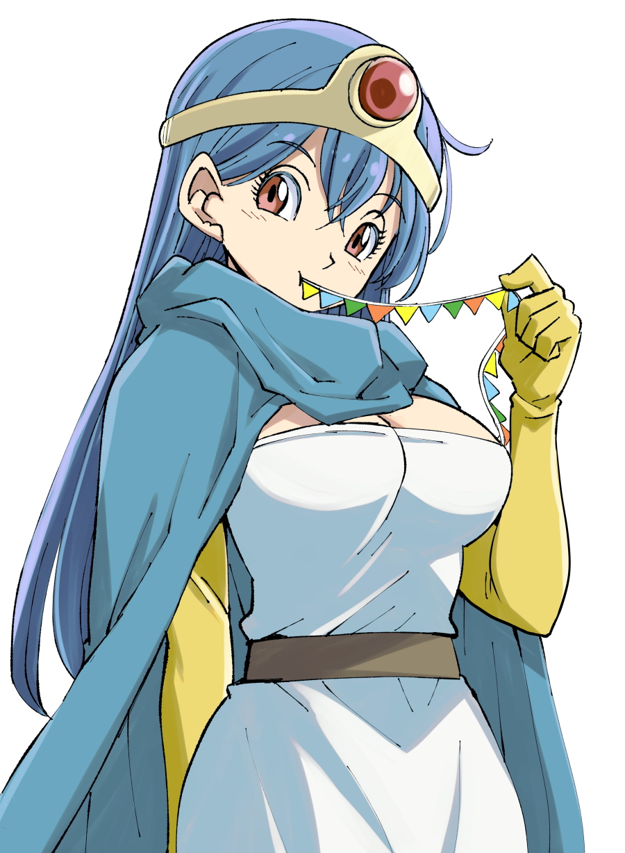 1girl blue_cloak blue_hair blush breasts brown_eyes cleavage cloak dragon_quest dragon_quest_iii dress gem gloves headpiece highres holding holding_string_of_flags large_breasts long_hair looking_at_viewer muramasa_mikado object_in_mouth red_gemstone sage_(dq3) square_enix standing strapless strapless_dress string_of_flags white_background white_dress yellow_gloves