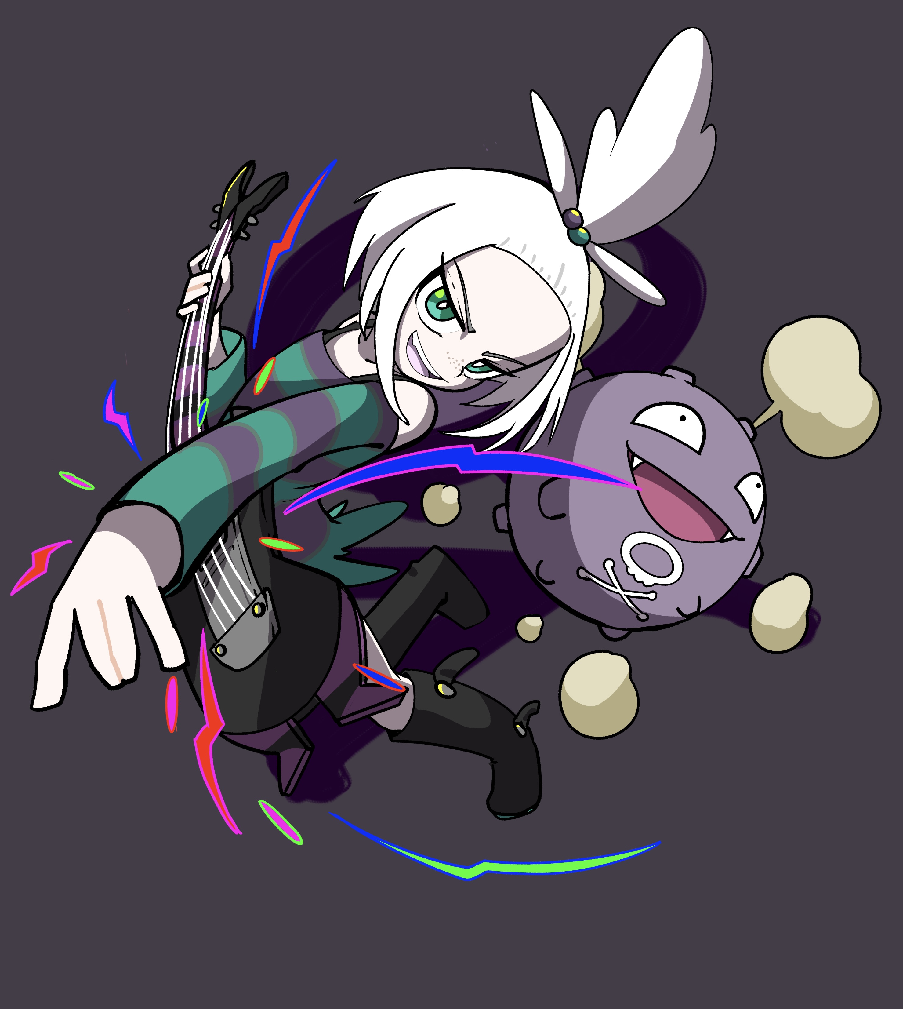 1girl :d absurdres bara_niku_(ydyh4577) bass_guitar black_boots boots bright_pupils commentary_request dress gen_1_pokemon green_eyes grey_background hair_bobbles hair_ornament highres holding holding_instrument instrument koffing long_sleeves multicolored_hair_bobbles nintendo open_mouth pokemon pokemon_(creature) pokemon_bw2 roxie_(pokemon) smile striped_clothes striped_dress teeth topknot two-tone_dress upper_teeth_only white_hair white_pupils