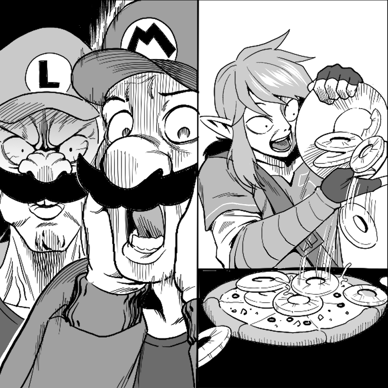3boys big_nose bloodshot_eyes bowl brothers newsboy_cap clothes_writing constricted_pupils cooking crossover disgust facial_hair fingerless_gloves food fruit furrowed_brow gloves greyscale hands_on_own_cheeks hands_on_own_face hands_up hat hawaiian_pizza holding holding_bowl layered_sleeves link long_sleeves luigi male_focus mario mario_(series) medium_hair monochrome motion_lines multiple_boys mustache nintendo open_mouth pineapple pineapple_on_pizza pineapple_slice pizza pointy_ears pouring shirt short_over_long_sleeves short_sleeves siblings sidelocks surprised teeth tekkin_papa the_legend_of_zelda the_legend_of_zelda:_breath_of_the_wild veins veiny_neck wide-eyed