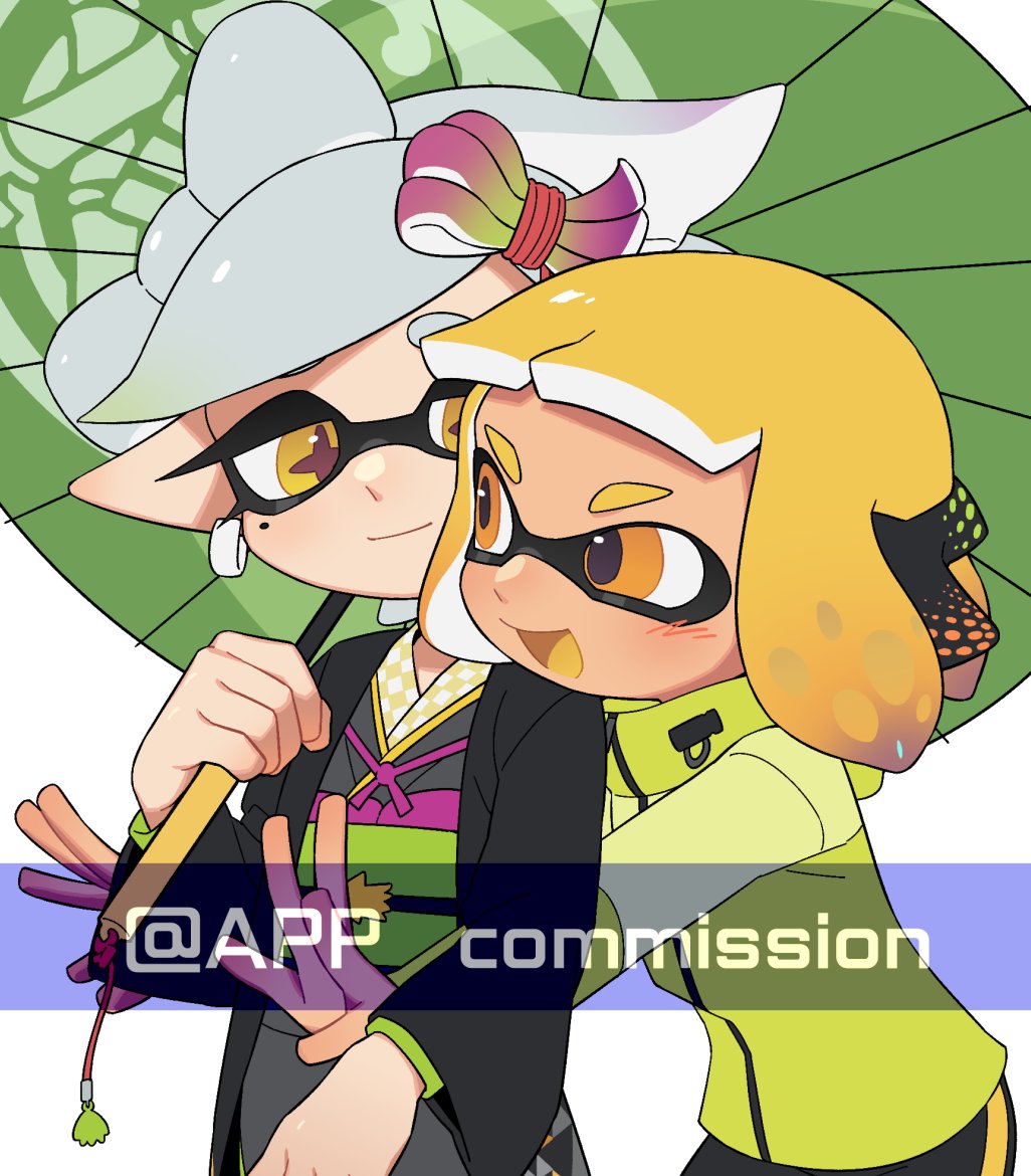 2girls agent_4_(splatoon) artist_name behind-the-head_headphones black_haori black_shorts bow-shaped_hair chinese_commentary closed_mouth colored_tongue commentary_request commission cross-shaped_pupils earrings gradient_hair grey_hair grey_kimono haori headphones holding holding_umbrella hoop_earrings hug hug_from_behind ichijip_app inkling jacket japanese_clothes jewelry kimono long_sleeves looking_at_another marie_(kimono)_(splatoon) marie_(splatoon) medium_hair mole mole_under_eye multicolored_hair multiple_girls nintendo obi obiage obijime official_alternate_costume oil-paper_umbrella open_mouth orange_eyes orange_hair orange_tongue pointy_ears purple_hair sash short_hair shorts smile splatoon_(series) splatoon_2 swept_bangs symbol-shaped_pupils tentacle_hair umbrella watermark white_background wide_sleeves yellow_eyes yellow_jacket