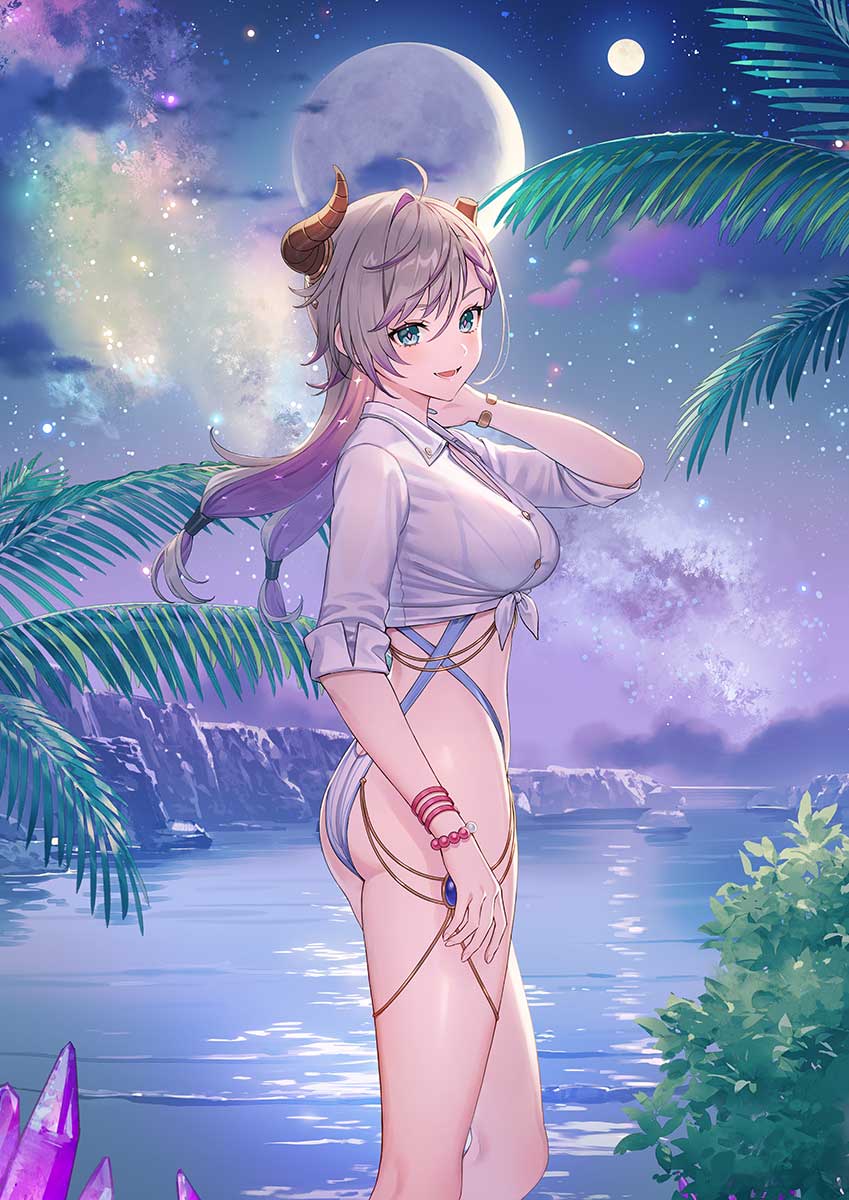 1girl artist_request atelier_(series) atelier_resleriana blue_eyes bracelet breasts commentary_request crystal feet_out_of_frame from_side grey_hair hand_on_own_neck highres horns jewelry long_hair looking_at_viewer medium_breasts multiple_moons official_art palm_tree shirt sky smile solo star_(sky) starry_sky swimsuit swimsuit_under_clothes thighlet tied_shirt tree valeria_(radiant_summer)_(atelier) water white_shirt