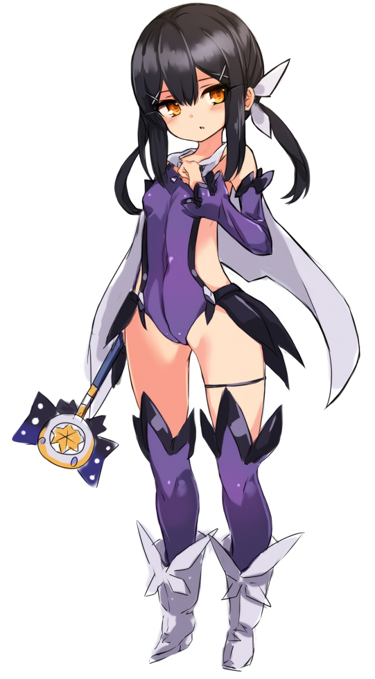 1girl bare_shoulders black_hair blush boots breasts brown_eyes cape detached_sleeves fate/kaleid_liner_prisma_illya fate_(series) feather_hair_ornament feathers full_body hair_ornament hairclip kaleidostick karukan_(monjya) leotard long_hair looking_at_viewer magical_sapphire miyu_edelfelt miyu_edelfelt_(magical_girl) purple_leotard purple_sleeves purple_thighhighs sidelocks small_breasts solo thighhighs thighhighs_under_boots twintails white_boots white_cape
