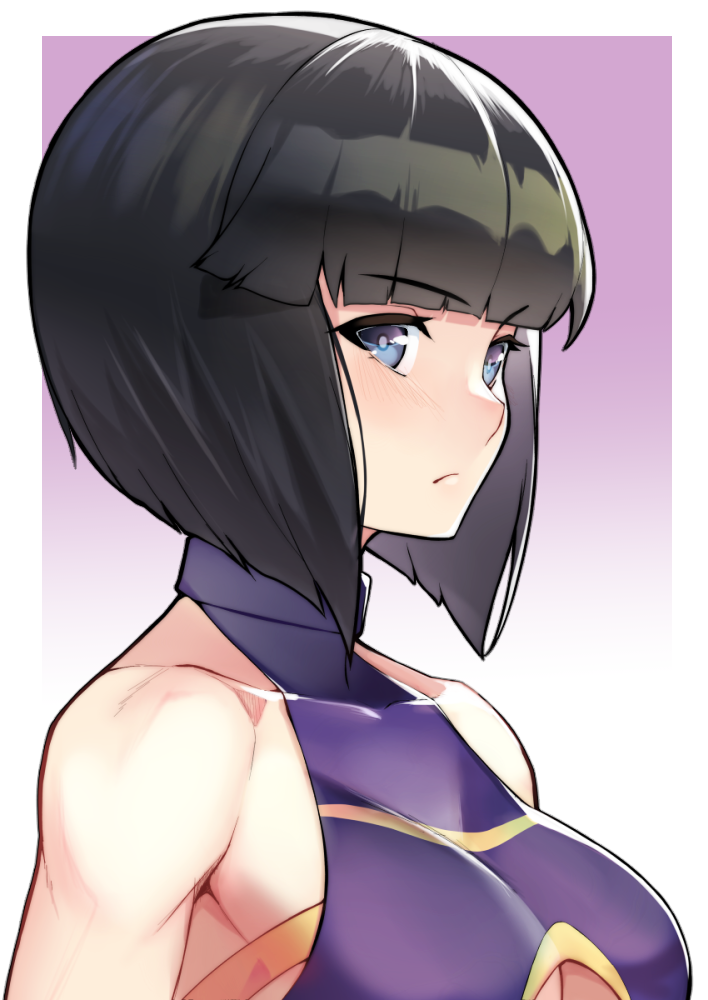 1girl bare_shoulders black_hair blue_eyes blush bob_cut border breasts cleavage cleavage_cutout clothing_cutout collarbone collared_leotard gradient_background kupala leotard light_smile lips looking_at_viewer medium_breasts minami_toshimi pink_background portrait purple_leotard short_hair solo two-tone_background upper_body white_border wrestle_angels wrestle_angels_survivor wrestler wrestling_outfit