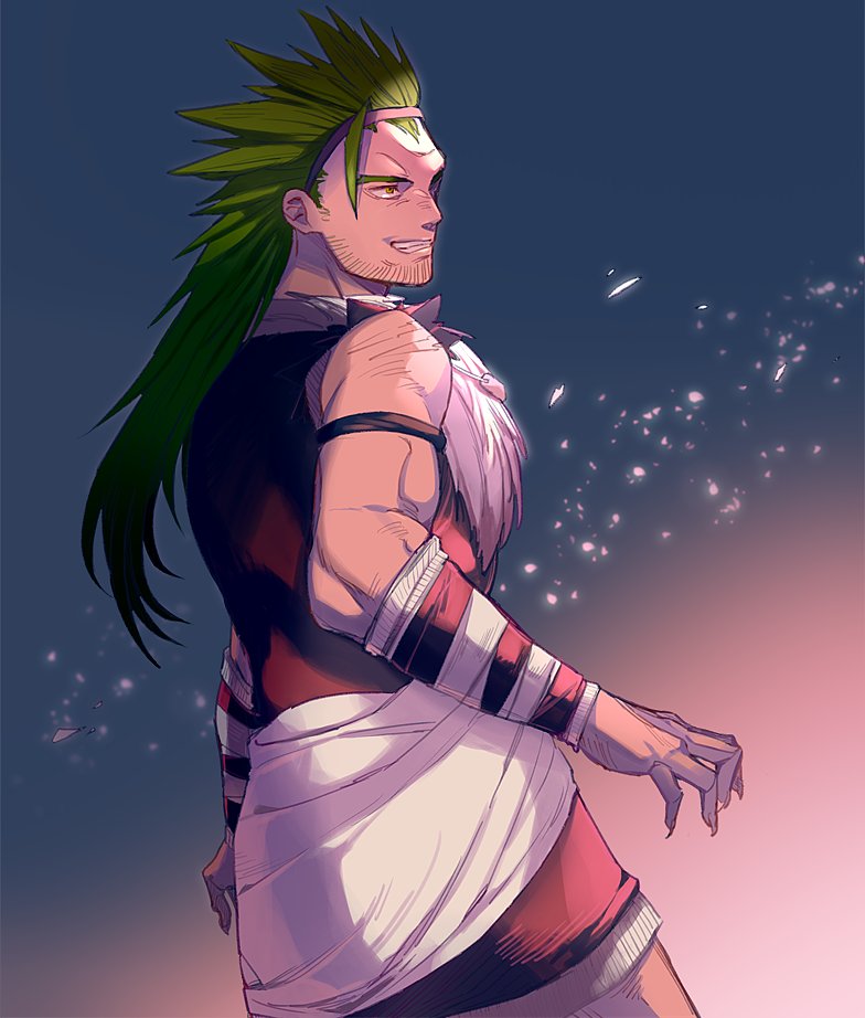 1boy bandaged_arm bandages facial_hair fur_trim green_hair hatsune_(leaden_heart07) long_hair looking_back smile spiked_hair stubble the_saga_of_darren_shan vancha_march