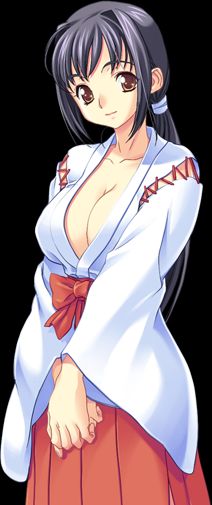 black_hair breasts cleavage hakama japanese_clothes kannagi_nanaki large_breasts miko nyuuki_taisai ponytail sameda_koban tamahime_kingyo
