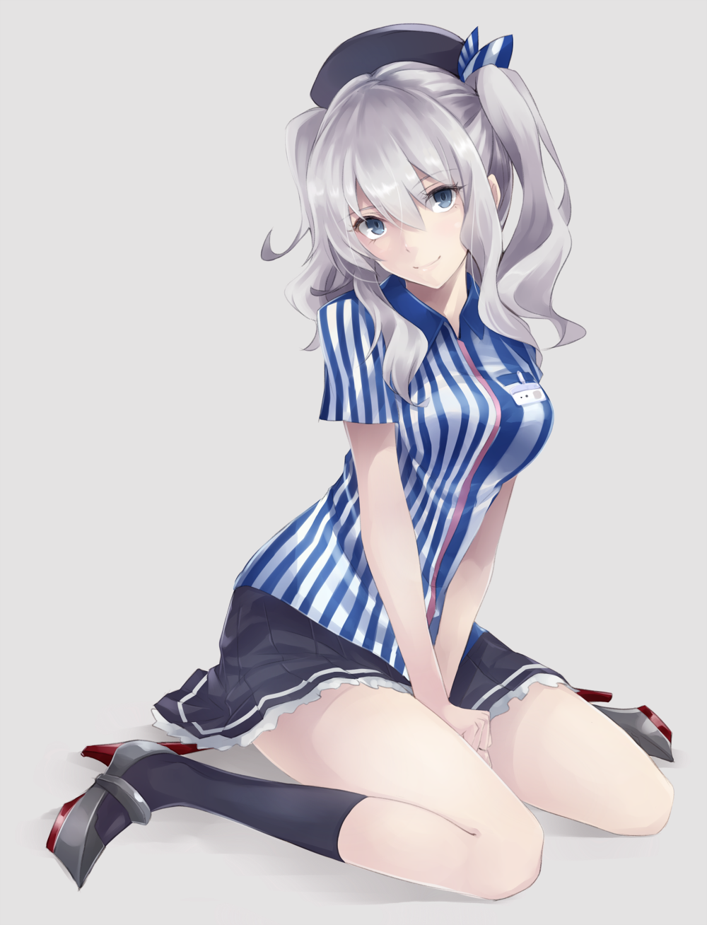 1girl bad_id bad_twitter_id beret blue_eyes commentary employee_uniform female_focus hat highres kantai_collection kashima_(kancolle) kashima_(lawson)_(kancolle) lawson long_hair looking_at_viewer pleated_skirt pokimari shirt sidelocks silver_hair sitting skirt smile solo striped transparent_background tsurime twintails v_arms wariza wavy_hair