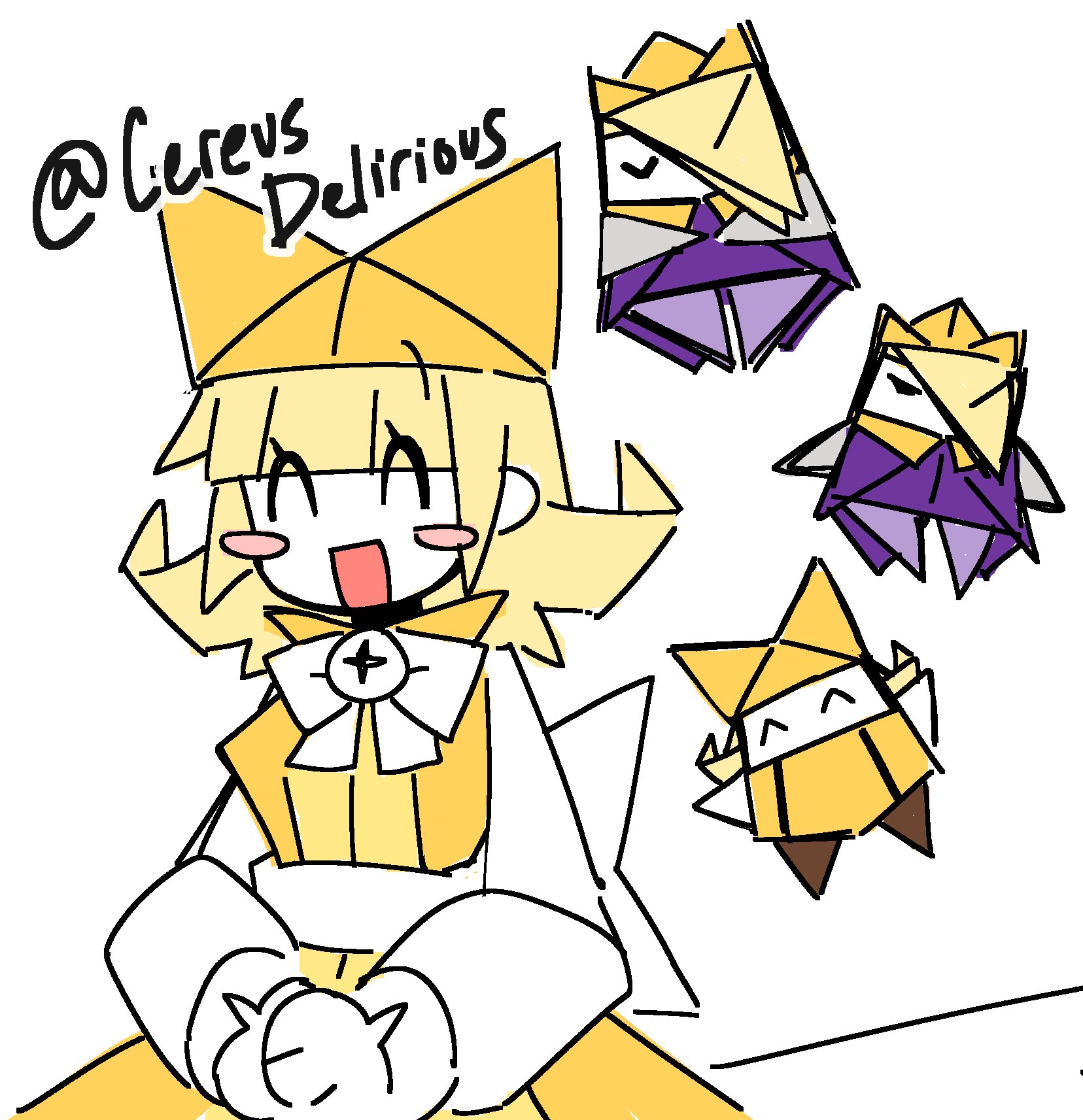 1boy 1girl ^_^ back_bow bell black_eyes blonde_hair blunt_bangs blush_stickers bow bowtie brother_and_sister cape cereusdelirious closed_eyes collared_dress commentary creature_and_personification crown dress english_commentary eyelashes eyes_visible_through_hair hair_over_one_eye happy hat high_collar highres king_olly mario_(series) medium_hair multiple_views neck_bell nintendo olivia_(paper_mario) open_mouth own_hands_together paper_mario paper_mario:_the_origami_king personification pinafore_dress purple_cape purple_shirt shirt short_hair siblings simple_background sleeveless sleeveless_dress smile solid_eyes twitter_username white_background white_bow white_bowtie white_shirt yellow_crown yellow_dress yellow_hat yellow_shirt