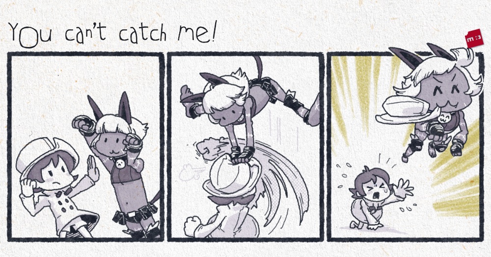 2girls 3koma ^_^ blush_stickers cat_girl chibi closed_eyes collar comic crop_top fang fingerless_gloves gloves hat minawa108 monochrome mouth_hold ms._fortune_(skullgirls) multiple_girls neck_bell punching raincoat scar shorts skullgirls stealing_clothes sweatdrop umbrella_(skullgirls)