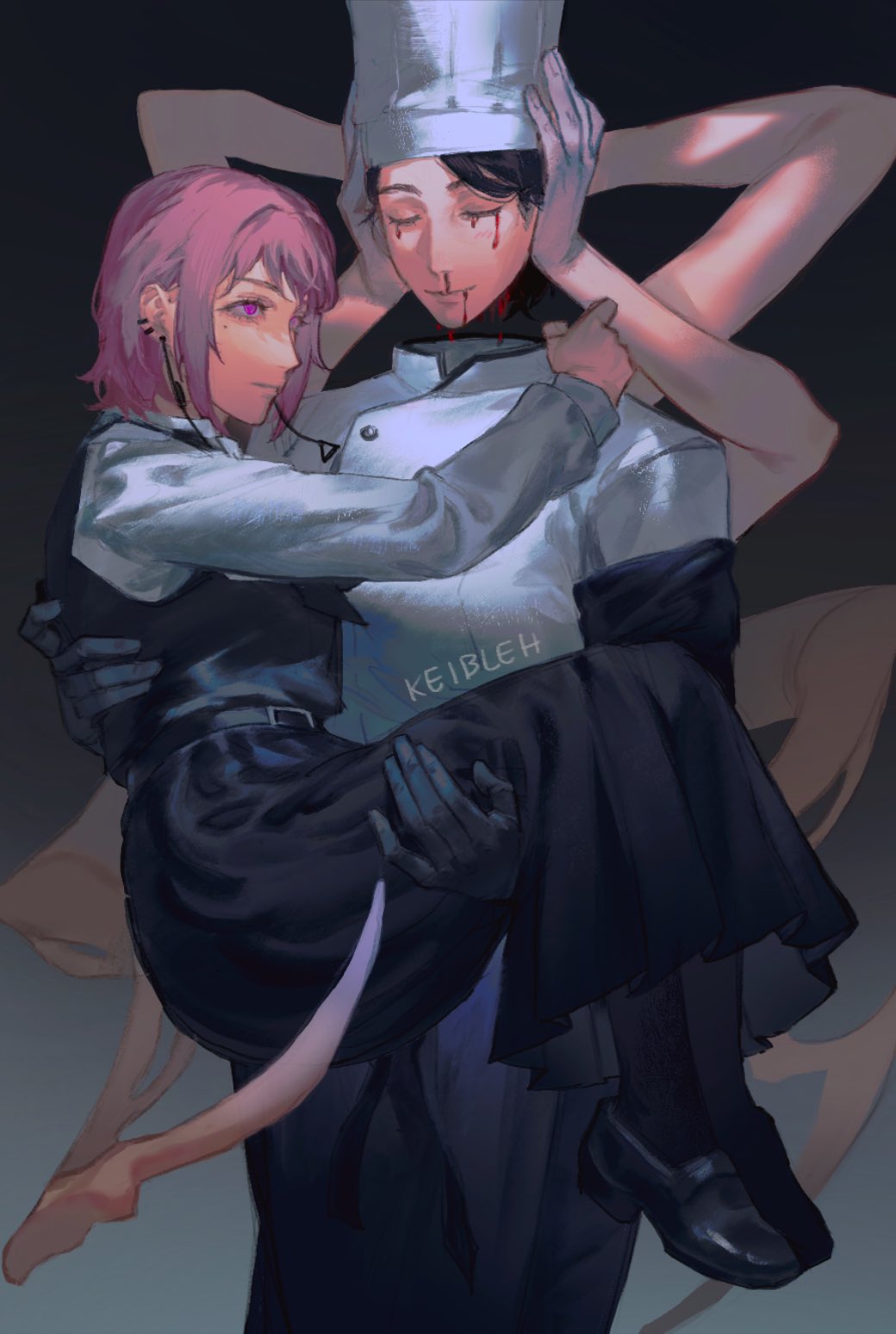2girls artist_name blood carrying chainsaw_man chef_hat death_devil_(chainsaw_man) dress earrings extra_arms falling_devil_(chainsaw_man) fami_(chainsaw_man) fourth_east_high_school_uniform hat height_difference highres jewelry keibleh medium_hair multiple_girls pinafore_dress princess_carry school_uniform simple_background sleeveless sleeveless_dress smile yuri
