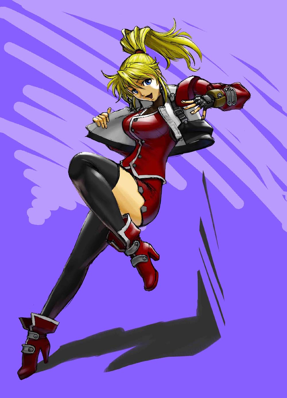 banpresto blonde_hair blue_eyes boots excellen_browning fingerless_gloves gloves highres kazue long_hair ponytail super_robot_wars thighhighs