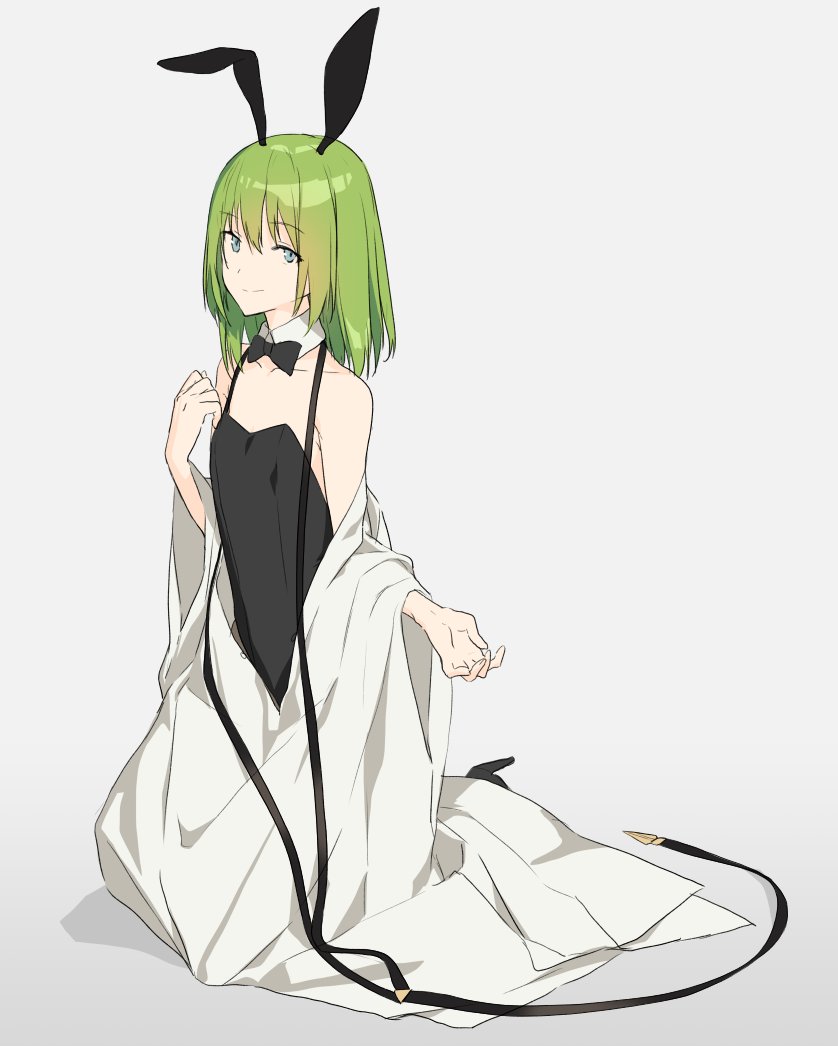 1other akinashi_yuu androgynous animal_ears black_bow black_bowtie black_leotard blue_eyes bow bowtie commentary_request detached_collar enkidu_(fate) fate/grand_order fate_(series) full_body green_hair high_heels kneeling leotard medium_hair nontraditional_playboy_bunny off_shoulder other_focus rabbit_ears robe solo white_robe