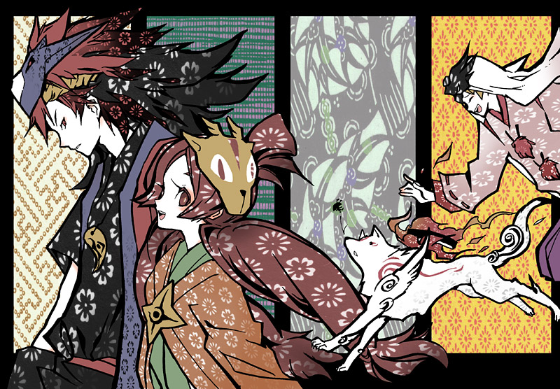 1girl 2boys amaterasu_(ookami) animal bad_id bad_pixiv_id brown_theme issun japanese_clothes kai_(ookami) kimono mask multiple_boys nesu_(nsm888) oki okikurumi_(ookami) ookami_(game) running sayagata texture ushiwakamaru_(ookami) wolf