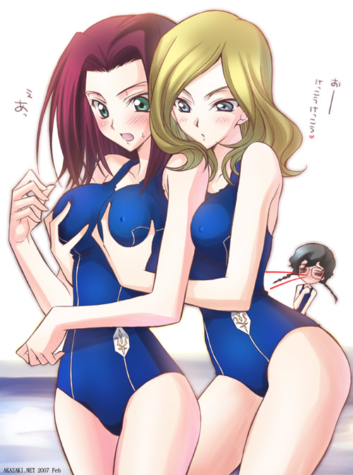 00s 3girls =_= akazaki_yasuma black_hair blonde_hair blood blue_eyes blush braid breast_envy breasts code_geass covered_erect_nipples dated female_focus glasses grabbing_another&#039;s_breast grabbing_from_behind green_eyes groping kouzuki_kallen milly_ashford multiple_girls nina_einstein nosebleed one-piece_swimsuit open_mouth red_hair short_hair surprised surprised_arms swimsuit twin_braids watermark web_address yuri