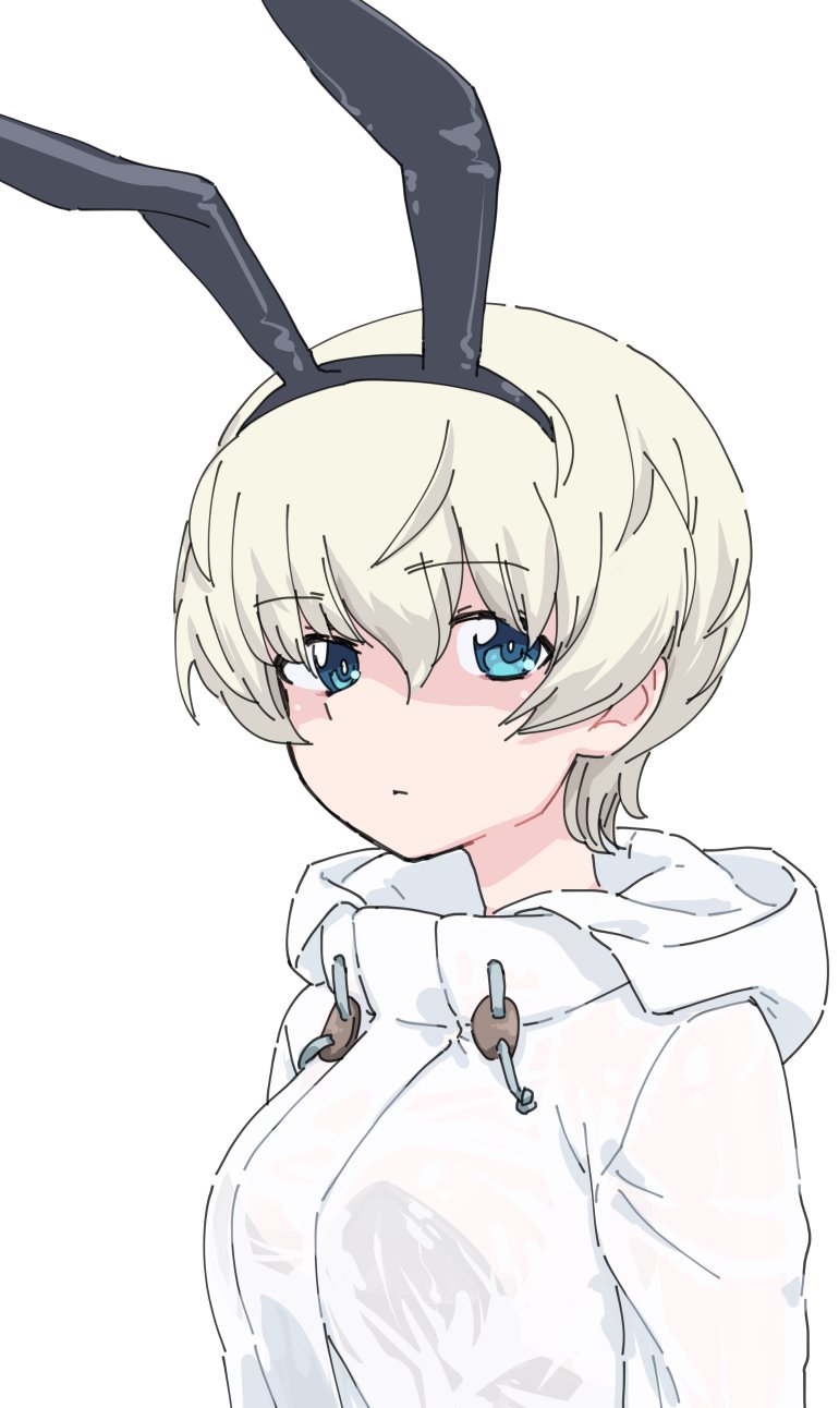 1girl animal_ears blonde_hair blue_eyes breasts closed_mouth fake_animal_ears girls_und_panzer highres hood hoodie large_breasts looking_at_viewer monolith_(suibou_souko) rabbit_ears short_hair simple_background solo upper_body white_background youko_(girls_und_panzer)