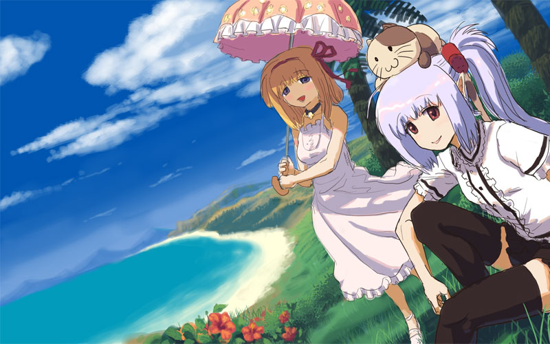 00s 2girls animal animal_on_head beach black_legwear blue_sky cat cat_on_head day dress dutch_angle flower fuyou_kaede grass hairband light_purple_hair long_hair looking_at_viewer masakami multiple_girls no_nose ocean on_head outdoors palm_tree parasol primula short_hair short_sleeves shuffle! sidelocks sitting sky sundress thighhighs tree twintails umbrella white_dress zettai_ryouiki