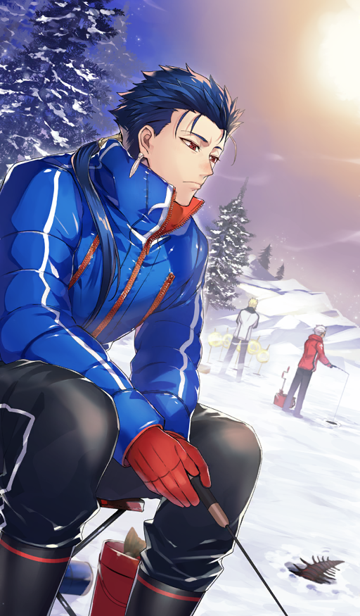 3boys archer_(fate) archer_(three_angler)_(fate) black_boots black_pants blonde_hair blue_hair blue_jacket boots bucket commentary cu_chulainn_(fate) cu_chulainn_(fate/stay_night) cu_chulainn_(three_angler)_(fate) down_jacket dutch_angle earrings fate/grand_order fate_(series) feet_out_of_frame fishing fishing_rod from_behind frown gilgamesh_(fate) gilgamesh_(three_angler)_(fate) gloves holding holding_fishing_rod ice_fishing jacket jewelry long_hair low_ponytail male_focus mini_cu-chan_(fate) multiple_boys nitaka_(fujikichi) official_art pants ponytail red_eyes red_gloves red_jacket sitting sky snow solo_focus standing sun sunlight third-party_source tree white_hair white_jacket zipper