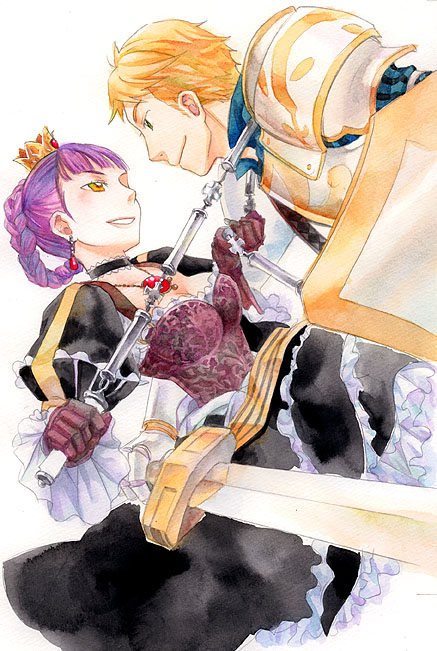 1boy 1girl 7th_dragon 7th_dragon_(series) alusha_(7th_dragon) ares_(7th_dragon) battle blonde_hair eye_contact gauntlets holding holding_sword holding_weapon knight_(7th_dragon) looking_at_another princess_(7th_dragon) purple_hair shield short_hair shoulder_pads simple_background sword weapon white_background