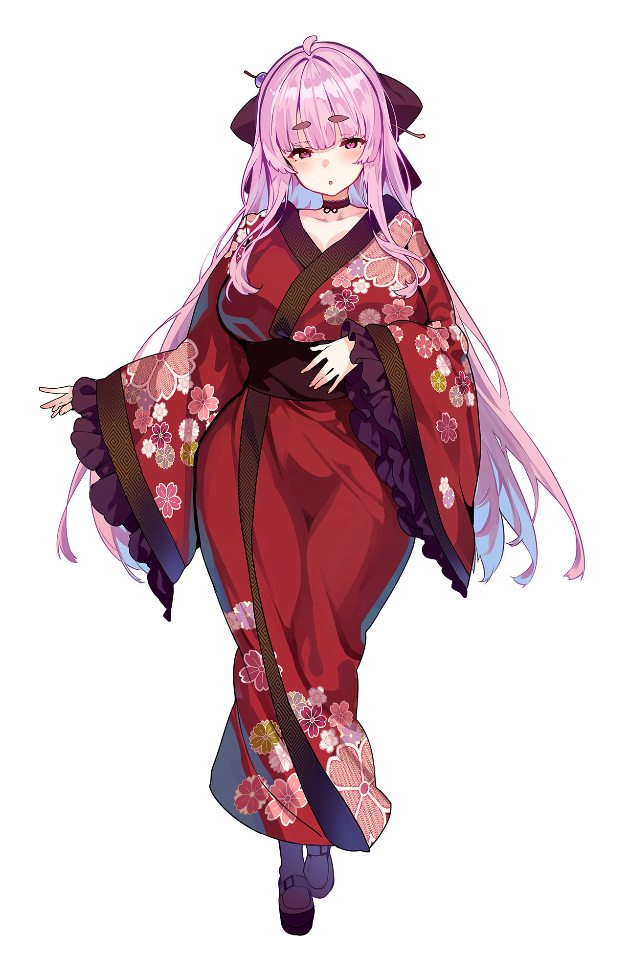1girl :o blush breasts choker collarbone eyebrows_visible_through_hat floral_print floral_print_kimono frilled_sleeves frills full_body hair_ribbon highres huge_breasts japanese_clothes kimono large_breasts long_hair long_sleeves looking_at_viewer original pink_eyes pink_hair print_kimono purple_choker red_kimono ribbon shiokonbu solo thick_eyebrows wide_sleeves