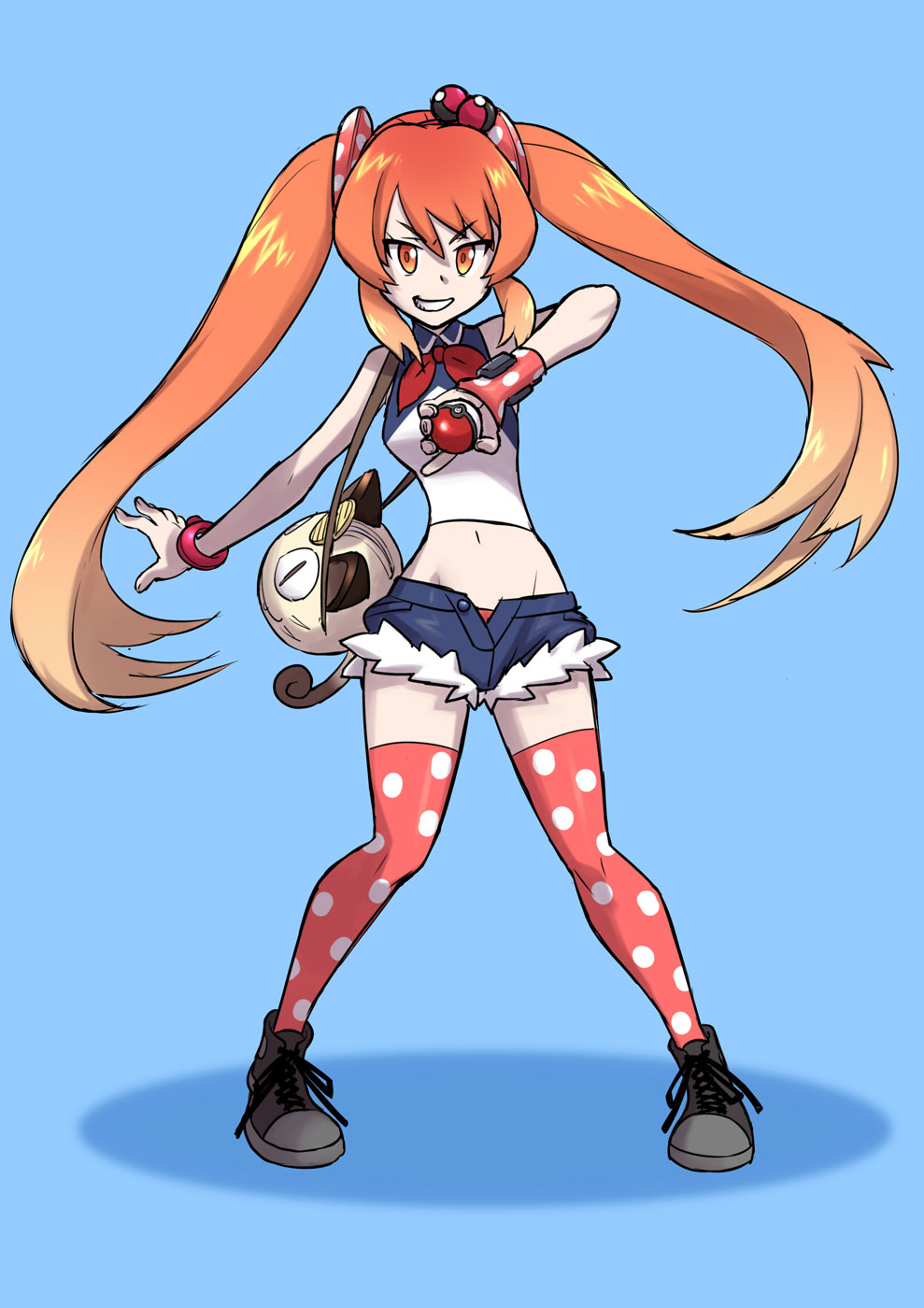 1girl black_footwear female_focus gen_1_pokemon grin highres kjech long_twintails meowth navel nintendo orange_eyes orange_hair osana_najimi_(yandere_simulator) poke_ball poke_ball_hair_ornament poke_ball_theme pokemon pokemon_(creature) shoelaces shoes smile tsundere twintails yandere_simulator