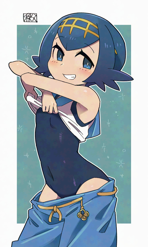 adversarial_noise blue_eyes blue_hair chichibu_(watson) flat_chest lana_(pokemon) nintendo pokemon pokemon_sm school_swimsuit solo swimsuit swimsuit_under_clothes