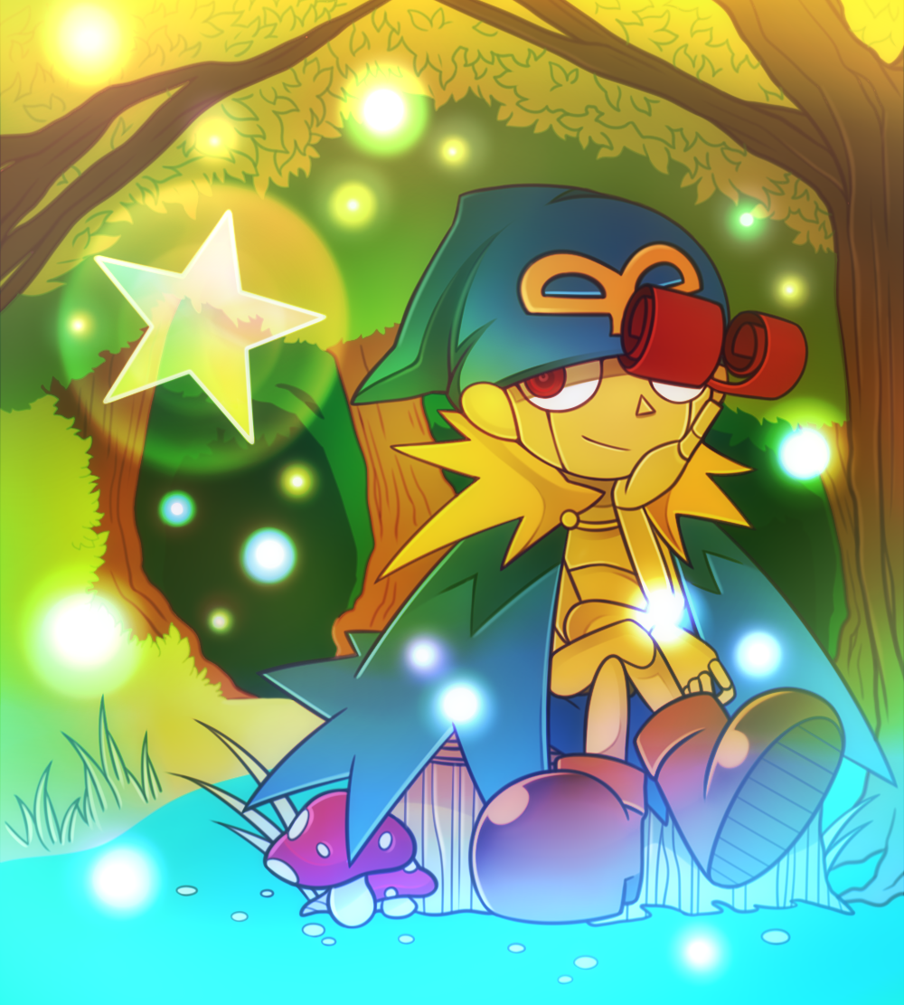 1boy boots bush cape doll_joints forest geno_(mario) head_rest joints kashiri_kurosuke crossed_legs light_particles male_focus mario_(series) mushroom nature nintendo outdoors plant sitting smile solo star_(symbol) super_mario_rpg tree