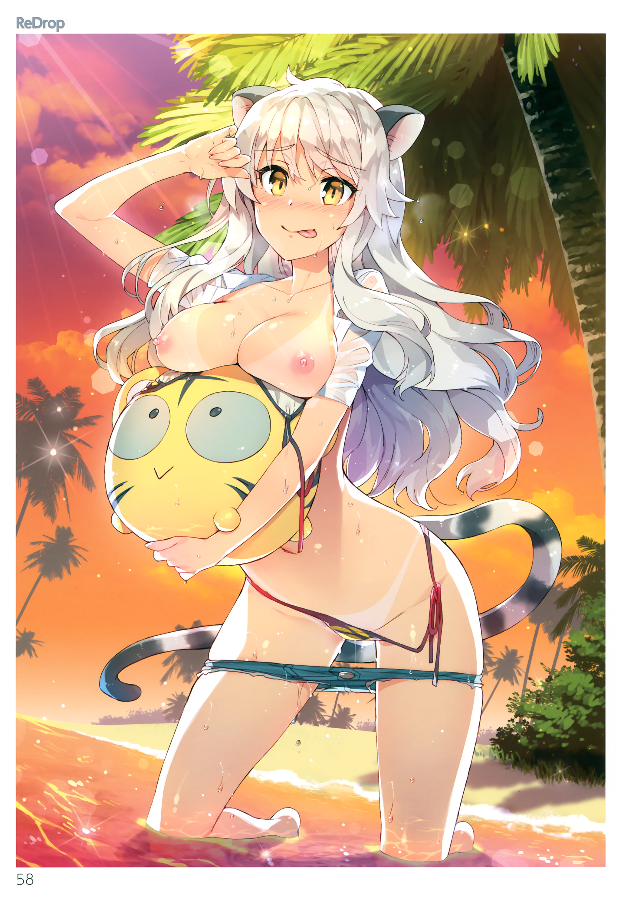 1girl :p absurdres animal_ears ball beach beachball bikini bikini_pull bikini_tan blush breasts breasts_out cat_ears cat_tail cleavage clothes_pull comic_toranoana cutoffs dojikko_pose female_focus highres kneeling kotora_(toranoana) leaning_forward lens_flare long_hair nipples nose_blush open_clothes open_shirt outdoors pants pants_pull partially_submerged redrop scan shirt short_shorts shorts shorts_pull side-tie_bikini_bottom sidelocks silver_hair solo sparkle sunlight sunset swimsuit tail tan tanline tiger_eaars tiger_ears tiger_tail tongue tongue_out toranoana wading wet wet_clothes wet_hair wet_shirt yellow_eyes