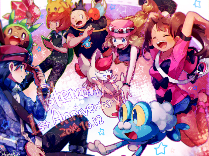 2girls 3boys bad_id bad_pixiv_id black_hair blue_eyes blue_jacket bow brown_hair calem_(pokemon) chespin closed_eyes colored_sclera dated diancie fennekin fletchling froakie gen_1_pokemon gen_6_pokemon happy hat jacket legendary_pokemon multiple_boys multiple_girls mythical_pokemon naru_(andante) nintendo open_mouth pikachu pokemon pokemon_(creature) pokemon_xy serena_(pokemon) shauna_(pokemon) smile tierno_(pokemon) trevor_(pokemon) yellow_sclera