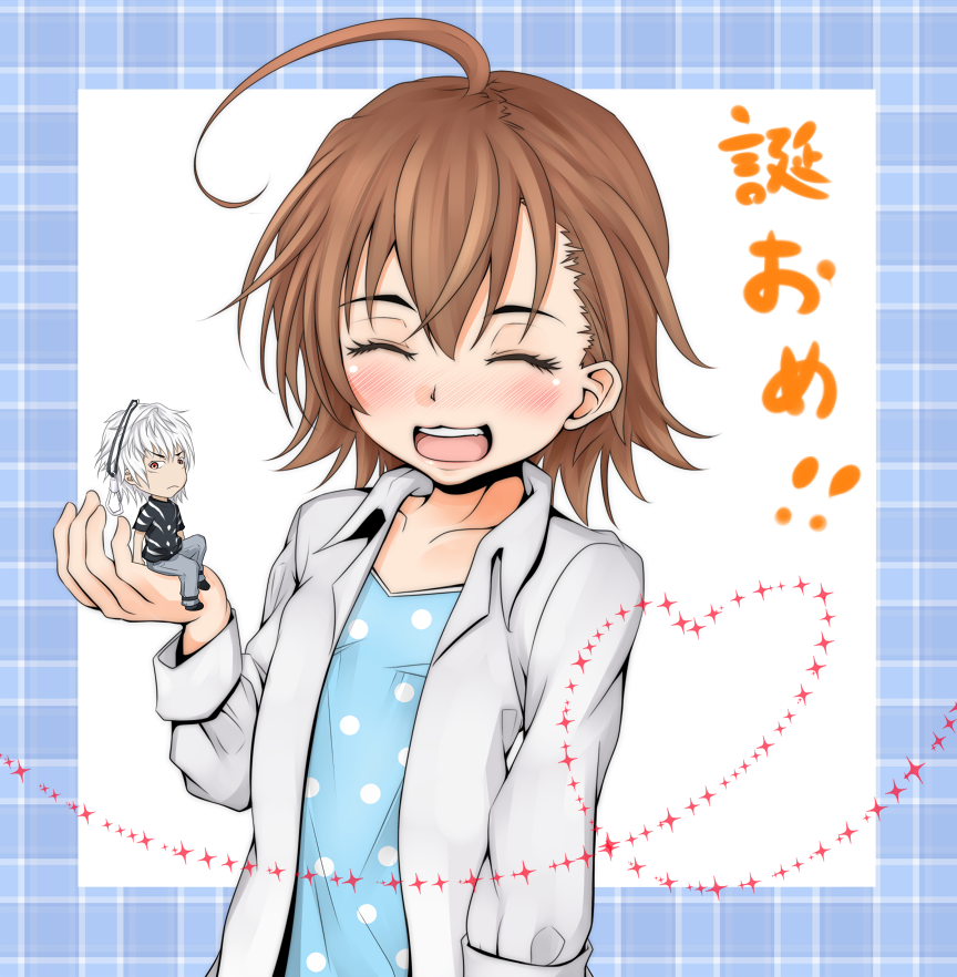 1boy 1girl :3 accelerator_(toaru_majutsu_no_index) ahoge albino alternate_eyebrows bare_arms black_footwear black_shirt blue_dress blush brown_hair chibi child closed_eyes commentary_request dress frown full_body grey_pants hair_between_eyes hand_up last_order_(toaru_majutsu_no_index) long_sleeves looking_at_viewer medium_hair mini_person miniboy mismatched_eyebrows no_nose open_clothes open_mouth open_shirt pants person_on_hand polka_dot polka_dot_dress red_eyes shin_(highest1192) shirt short_sleeves smile teeth toaru_majutsu_no_index toaru_majutsu_no_index:_old_testament translation_request upper_body upper_teeth_only v-shaped_eyebrows white_hair white_shirt