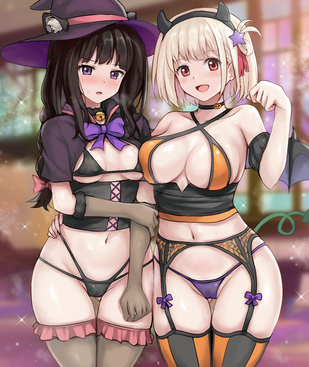 2girls bikini black_bikini black_corset black_hair blonde_hair blush breasts cleavage corset crop_top curvy fake_wings garter_straps gloves gluteal_fold groin hair_ribbon halloween halloween_costume hand_on_another&#039;s_hip hat holding_own_arm indoors inoue_takina large_breasts layered_bikini long_hair lycoris_recoil medium_hair micro_bikini multiple_girls navel nishikigi_chisato open_mouth purple_eyes r-binon red_eyes red_ribbon ribbon smile stomach swimsuit thick_thighs thighhighs thighs wide_hips wings witch_hat
