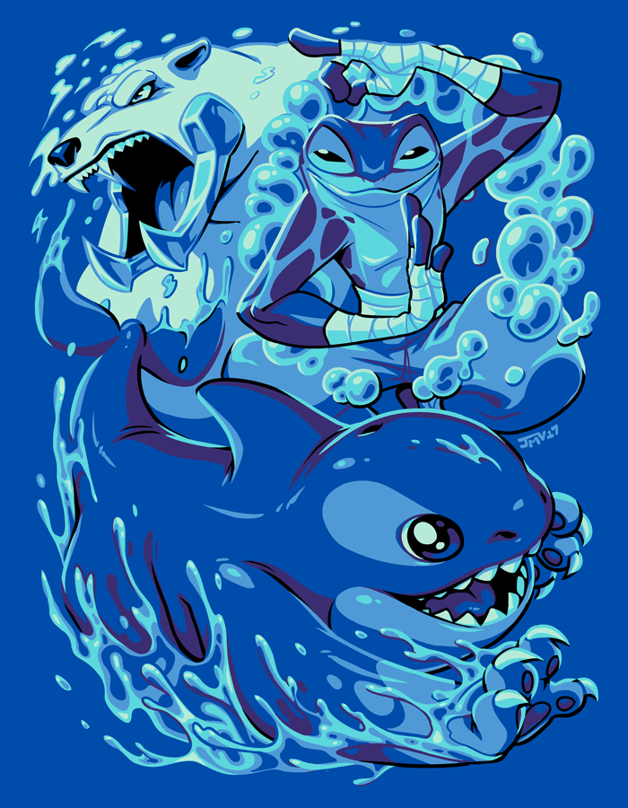 air_bubble arm_wrap bear blue_background blue_theme bubble claws eltalus_(rivals_of_aether) frog furry jmanvelez open_mouth orca orcane_(rivals_of_aether) ranno_(rivals_of_aether) rivals_of_aether water