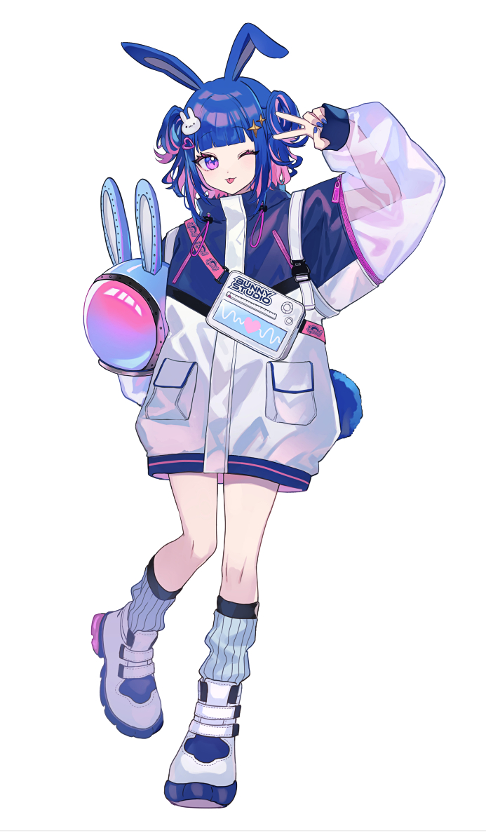 1girl ;3 ;p animal_ear_headwear animal_ears arm_up bag black_coat blue_hair blue_leg_warmers blue_nails blunt_bangs carrying carrying_under_arm coat colored_inner_hair eyebrows_hidden_by_hair fake_animal_ears full_body hair_ornament helmet high_collar holding holding_helmet leg_warmers long_sleeves medium_hair multicolored_coat multicolored_hair nail_polish one_eye_closed original oversized_clothes pink_eyes pink_hair pocket purple_hair rabbit_ears rabbit_hair_ornament rabbit_helmet see-through_clothes see-through_sleeves shoulder_bag shugao sidelocks simple_background sleeves_past_wrists solo standing standing_on_one_leg star_(symbol) star_hair_ornament streaked_hair tachi-e tongue tongue_out two-tone_coat two_side_up v velcro_footwear white_background white_coat white_footwear