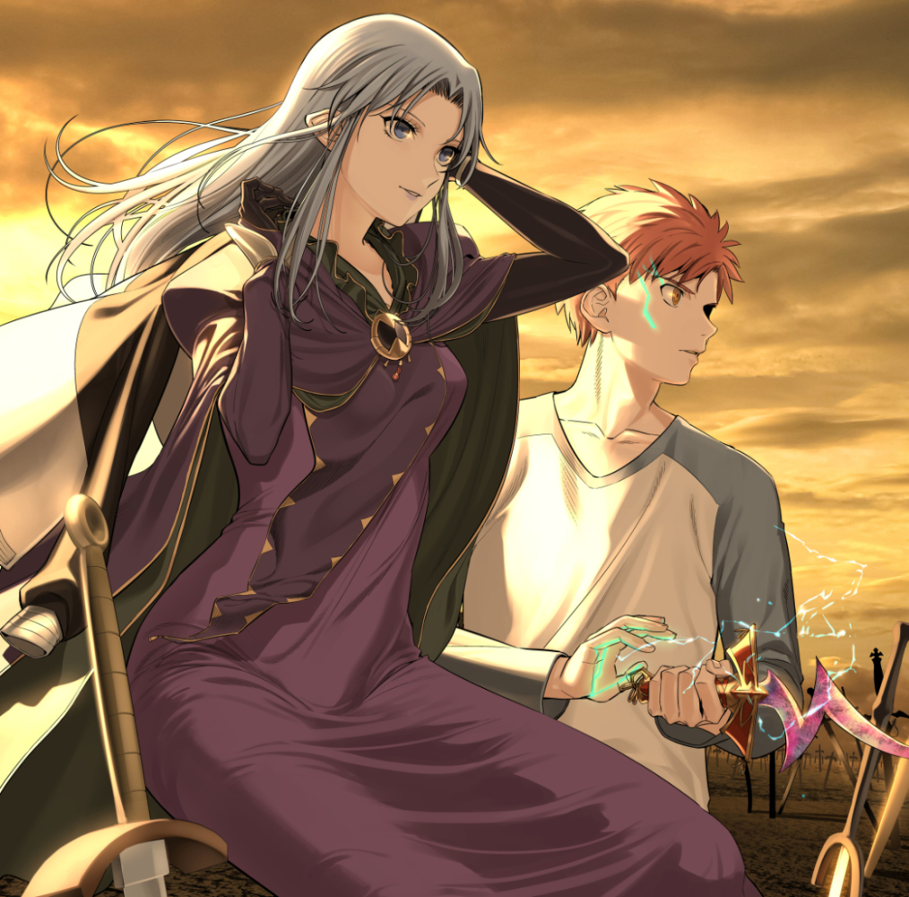 1boy 1girl alternate_universe asymmetrical_gloves asymmetrical_sleeves black_cape black_gloves blue_hair blue_lips blue_shirt breasts cape cloud collarbone commentary_request dagger dress elbow_gloves emiya_shirou fate/stay_night fate_(series) field_of_blades floating_hair gloves holding holding_dagger holding_knife holding_weapon jacket jacket_on_shoulders knife lips lipstick long_dress long_hair looking_away magic magic_circuit makeup medea_(caster)_(fate) medea_(fate) medium_breasts multicolored_cape orange_hair outdoors parted_lips planted pointy_ears purple_cape purple_dress purple_eyes raglan_sleeves rasupekuto rulebreaker shirt short_hair sitting sky smile spiked_hair sword too_many_weapons uneven_gloves uneven_sleeves unlimited_blade_works_(reality_marble) weapon white_shirt yellow_eyes