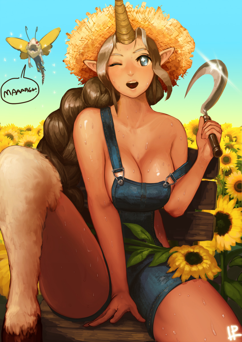 1girl bare_shoulders braid breasts brown_hair cleavage farmer flower glint hat highres hooves horns instant_ip kog&#039;maw large_breasts league_of_legends long_hair monster_girl naked_overalls one_eye_closed open_mouth overalls pointy_ears revision sickle single_horn smile soraka_(league_of_legends) speech_bubble strap_slip straw_hat sunflower sweat thighs very_long_hair wink