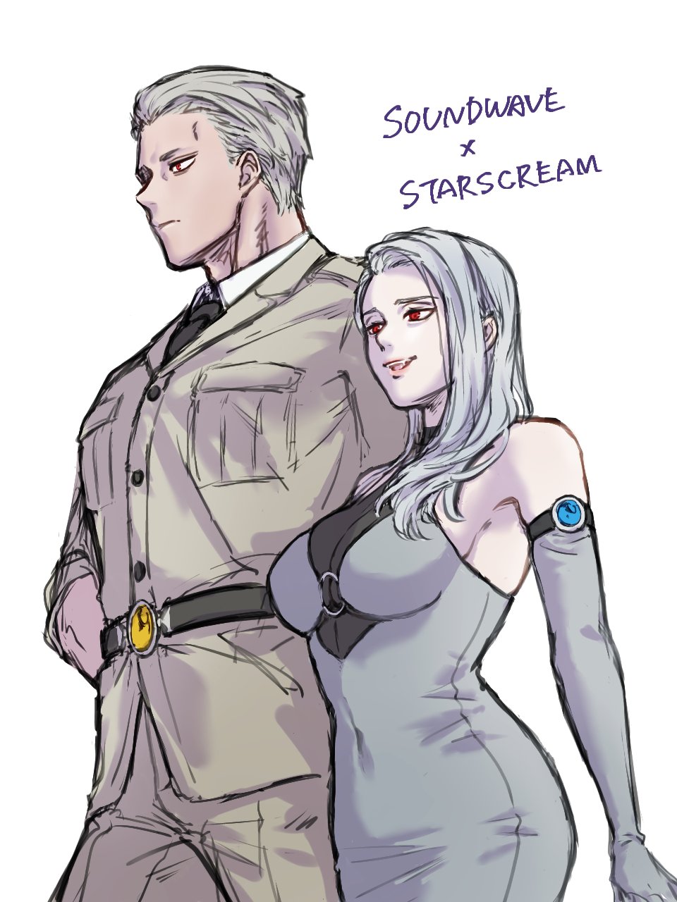 1boy 1girl belt black_belt black_necktie breasts character_name collared_shirt dress elbow_gloves genderswap genderswap_(mtf) gloves grey_dress grey_gloves grey_hair grey_jacket grey_pants hair_behind_ear highres humanization jacket long_hair medium_breasts necktie ozanarism pants parted_lips protected_link red_eyes shirt simple_background smile soundwave_(transformers) starscream transformers transformers_(live_action) white_shirt