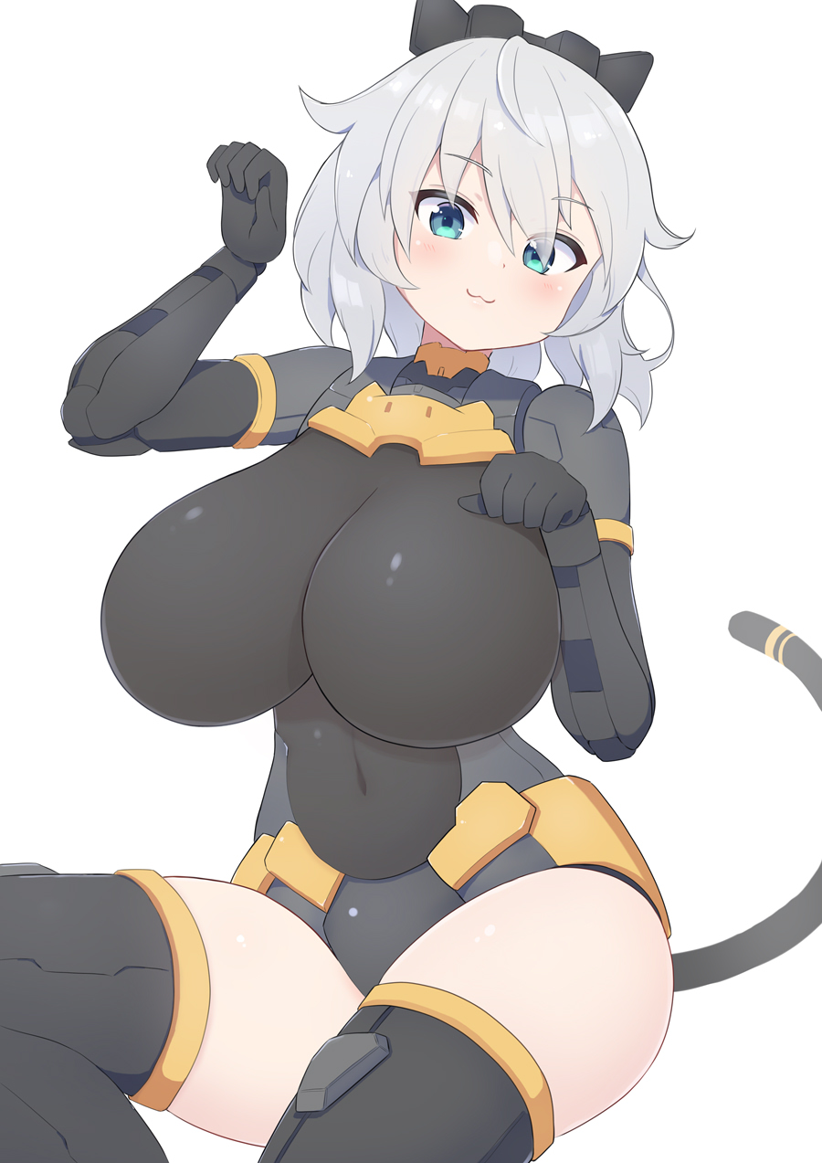 1girl 30_minutes_sisters :3 alternate_breast_size black_boots black_leotard blue_eyes blush boots breasts cable cable_tail covered_navel grey_hair head_tilt highres huge_breasts leotard looking_at_viewer mechanical_tail paw_pose rishetta_(30ms) short_hair sitting smile solo subten tail thigh_boots