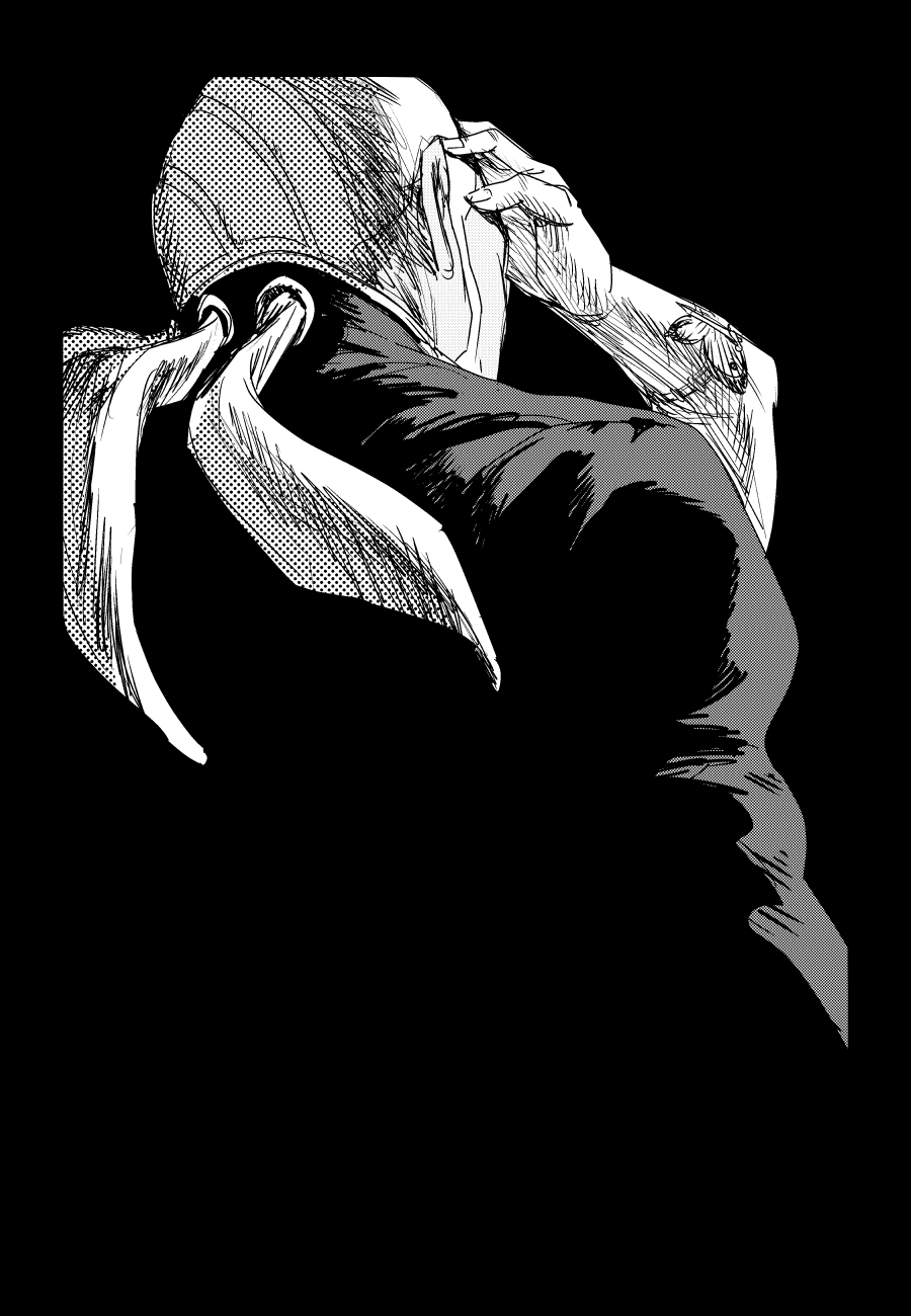 1boy 1girl commentary dark-skinned_male dark_skin english_commentary enrico_pucci greyscale hand_on_another&#039;s_face highres jeonjin_(mynamebazin) jojo_no_kimyou_na_bouken kuujou_jolyne long_sideburns monochrome priest sideburns split_ponytail stone_ocean