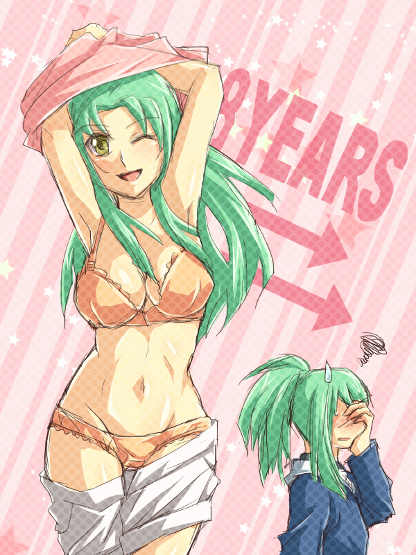1boy 1girl aged_up blush bra breasts cleavage covering_face green_hair large_breasts long_hair long_sleeves lua_(yu-gi-oh!) luca_(yu-gi-oh!) midriff mugicha_(sukimachaya) navel one_eye_closed open_mouth panties pink_background pink_shirt ponytail shirt shorts siblings smile solo_focus twins underwear undressing white_shorts yellow_bra yellow_panties yu-gi-oh! yu-gi-oh!_5d&#039;s