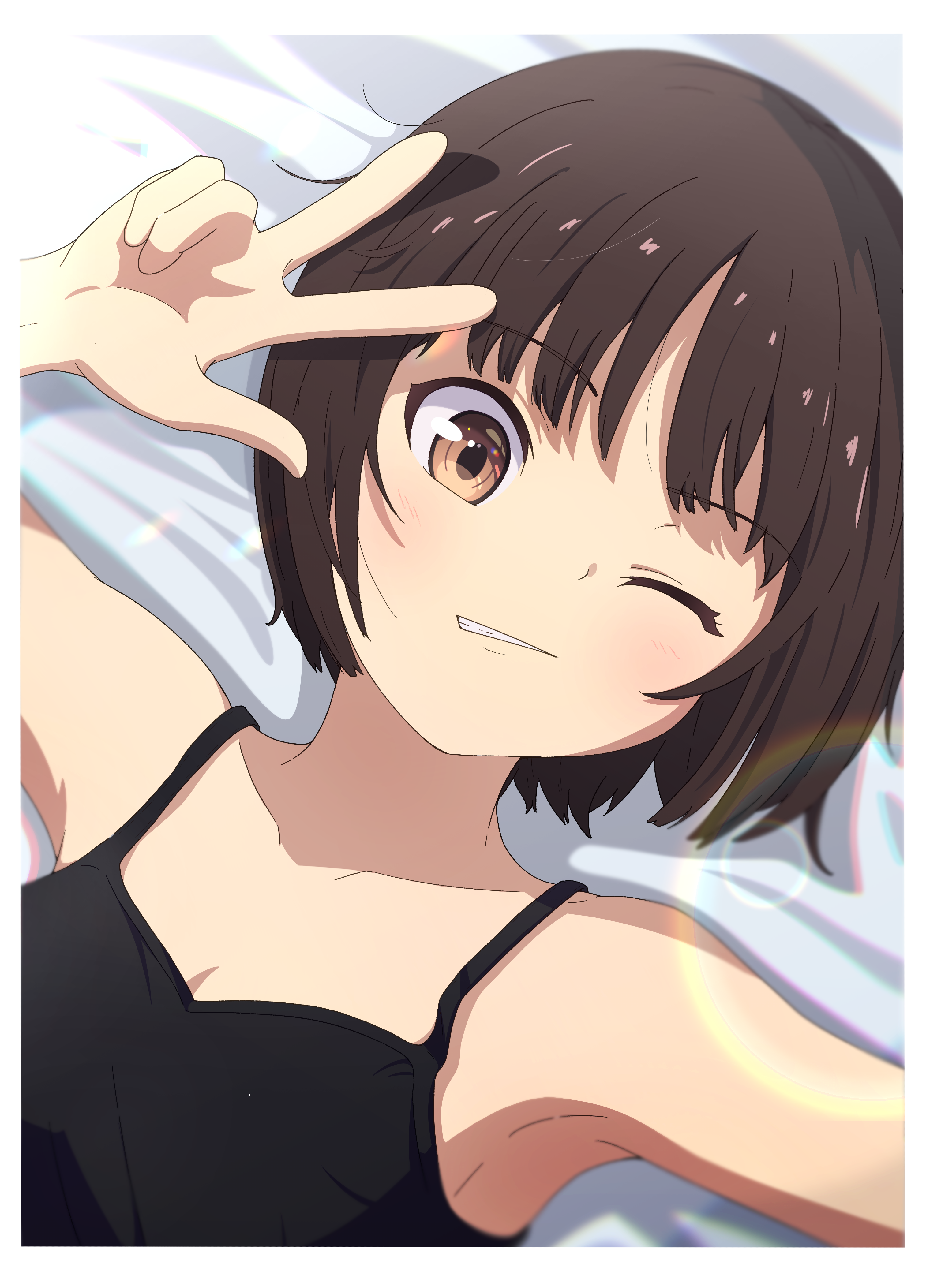1girl absurdres amagami armpits bare_shoulders bed_sheet black_camisole blush border breasts brown_eyes brown_hair camisole cleavage close-up collarbone commentary dutch_angle from_above grin hand_up highres kagari_ds light_blush looking_at_viewer loose_hair_strand lying messy_hair on_back on_bed one_eye_closed rainbow_refraction ringed_eyes short_hair small_breasts smile smirk solo tachibana_miya w w_over_eye white_border