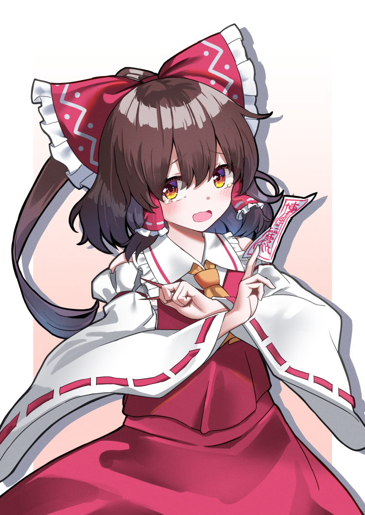 1girl ascot bare_shoulders between_fingers blush bow brown_hair collar commentary_request cowboy_shot detached_sleeves frilled_bow frilled_hair_tubes frilled_shirt_collar frills gradient_background hair_bow hair_tubes hakurei_reimu hands_up holding holding_weapon kabi_killer long_hair long_sleeves ofuda ofuda_between_fingers open_mouth orange_ascot orange_background pillarboxed ponytail red_bow red_skirt ribbon-trimmed_sleeves ribbon_trim skirt solo tearing_up touhou weapon white_collar white_sleeves yellow_eyes