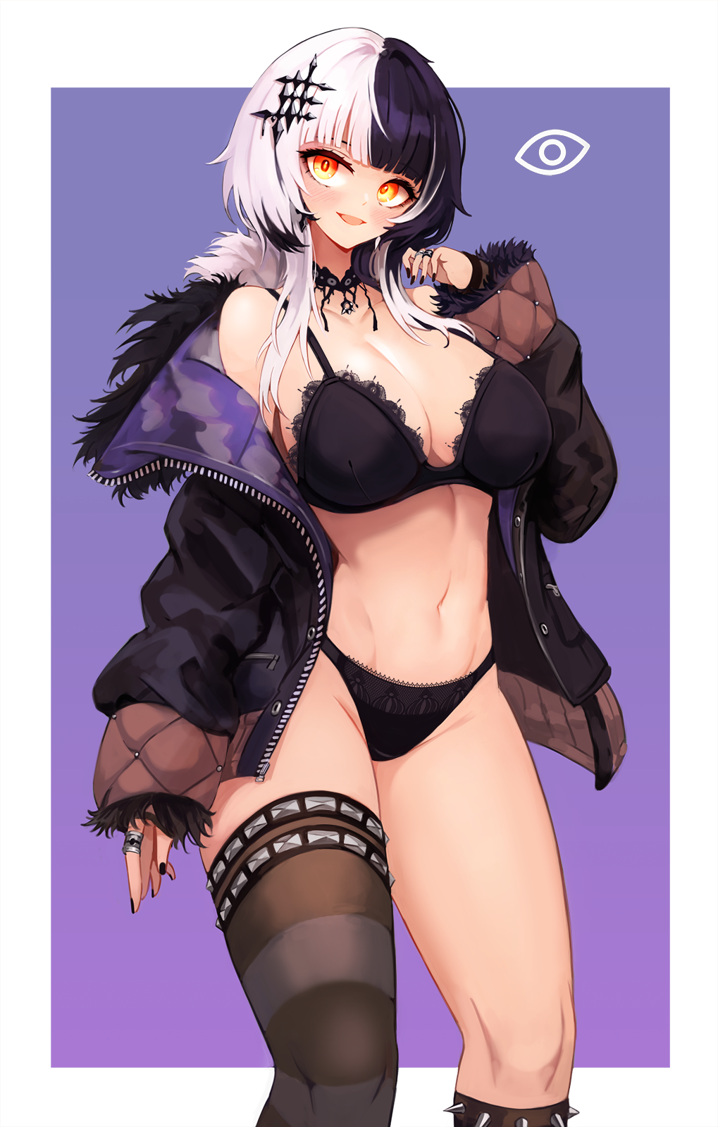 1girl black_bra black_choker black_hair black_jacket black_nails black_panties black_thighhighs bra breasts choker hair_ornament hand_up highres hololive hololive_english jacket jewelry large_breasts long_hair looking_at_viewer multicolored_hair navel notte off_shoulder open_clothes open_jacket open_mouth panties ring shiori_novella shiori_novella_(1st_costume) single_thighhigh solo spikes split-color_hair stomach thighhighs thighs underwear virtual_youtuber white_hair yellow_eyes