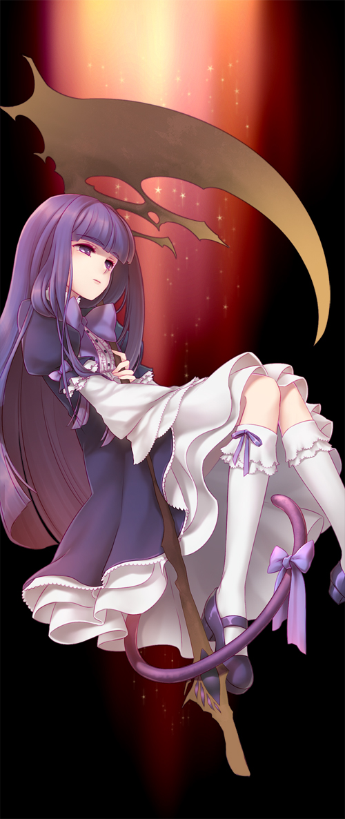 bad_id bad_pixiv_id blue_hair cat_tail dress frederica_bernkastel long_hair purple_eyes ribbon scythe solo tail umineko_no_naku_koro_ni yeruen