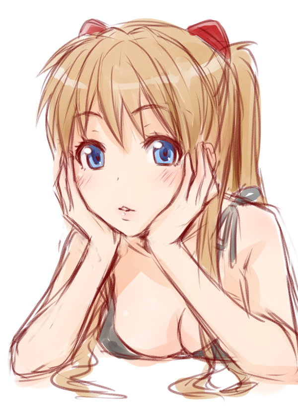 1girl blue_eyes blush breasts brown_hair cleavage female_focus ha-ru head_rest long_hair neon_genesis_evangelion simple_background sketch solo souryuu_asuka_langley white_background