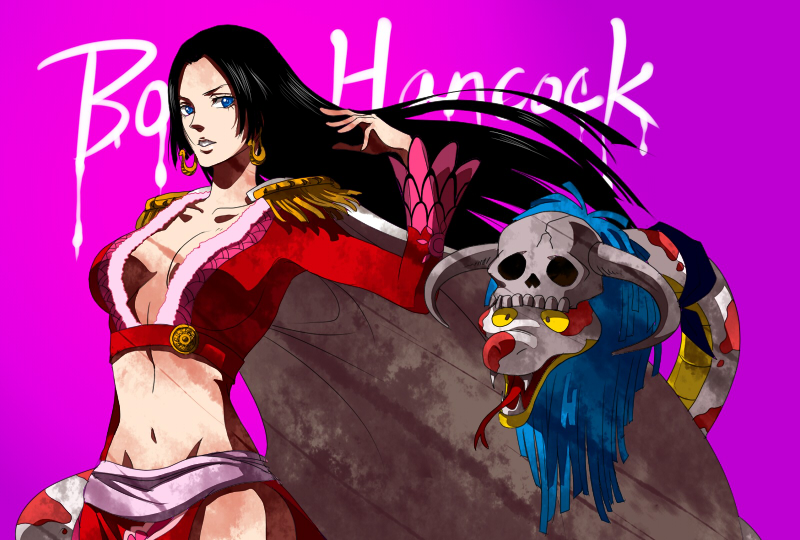 1girl animal black_eyes black_hair blue_eyes boa_hancock character_name commentary commentary_request earrings eilinna english_commentary epaulettes forked_tongue jewelry long_hair long_sleeves midriff mixed-language_commentary navel one_piece open_mouth purple_background salome_(one_piece) simple_background skull snake snake_earrings teeth tongue tongue_out