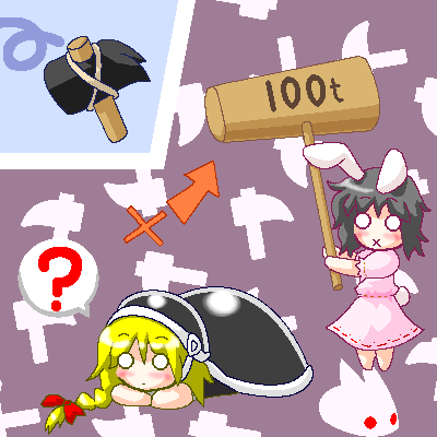 2girls ? blonde_hair cosplay crossover hammer hammer_bro hammer_bro_(cosplay) inaba_tewi kirisame_marisa lowres mallet mario_(series) multiple_girls myonde nintendo oekaki parody rabbit super_mario_bros._3 super_marisa_world touhou x_mouth