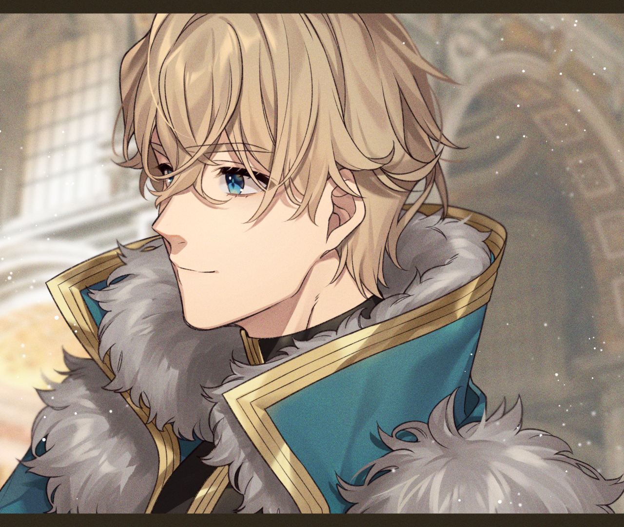 1boy aqua_cape black_shirt blonde_hair blue_eyes blurry blurry_background cape closed_mouth fate/grand_order fate_(series) film_grain from_side fur-trimmed_cape fur_trim gawain_(fate) gold_trim hair_between_eyes karokuchitose letterboxed looking_ahead male_focus portrait shirt short_hair smile solo turtleneck