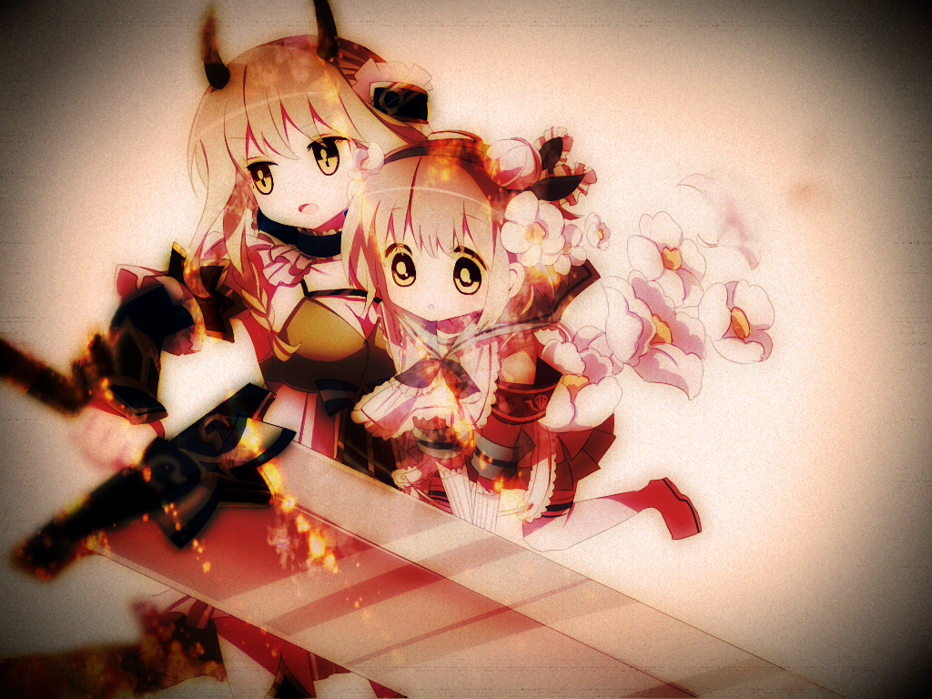 2girls armband black_armband black_choker blonde_hair breasts choker cleavage commentary_request flower hair_flower hair_ornament holding holding_sword holding_weapon huge_weapon la_pucelle_(mahoiku) large_breasts mahou_shoujo_ikusei_keikaku multiple_girls open_mouth pink_hair pleated_skirt sailor_collar short_hair skirt snow_white_(mahoiku) sword thighhighs usagi_nui weapon white_flower white_thighhighs yellow_eyes