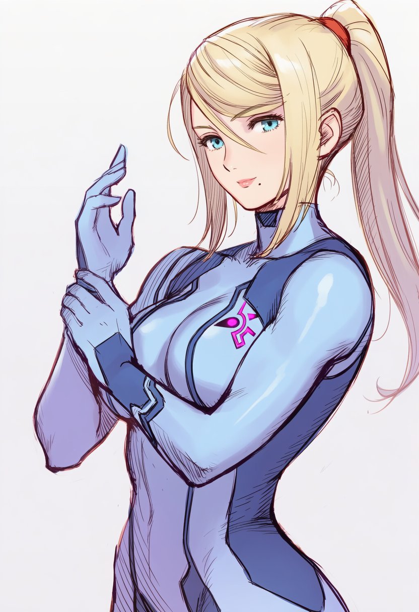 1girl ai-generated blonde_hair blue_bodysuit blue_eyes bodysuit breasts highres jaydamon long_hair looking_at_viewer metroid mole mole_under_mouth nintendo ponytail power_suit_(metroid) samus_aran skin_tight smile solo zero_suit