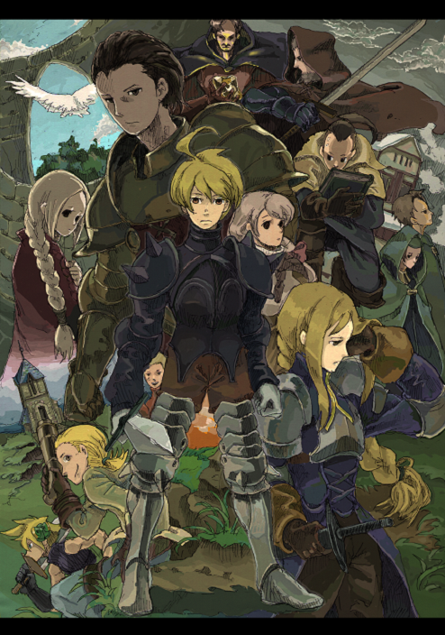agrias_oaks alma_beoulve animal argath_thadalfus armor armored_boots bad_id bad_pixiv_id bird blonde_hair blue_sky book boots braid breastplate brown_eyes brown_hair building bush cape cidolfus_orlandeau clenched_hands cloak cloud cloud_strife cloudy_sky day degite delita_heiral final_fantasy final_fantasy_tactics flying full_body gloves grass hand_in_own_hair holding holding_sword holding_weapon hood hooded_cloak house isilud_tengille knight long_hair looking_at_viewer meliadoul_tengille multiple_boys mustadio_bunansa orran_durai outdoors ovelia_atkascha plant ramza_beoulve rock short_hair shoulder_spikes single_braid sky spikes standing sword very_long_hair weapon