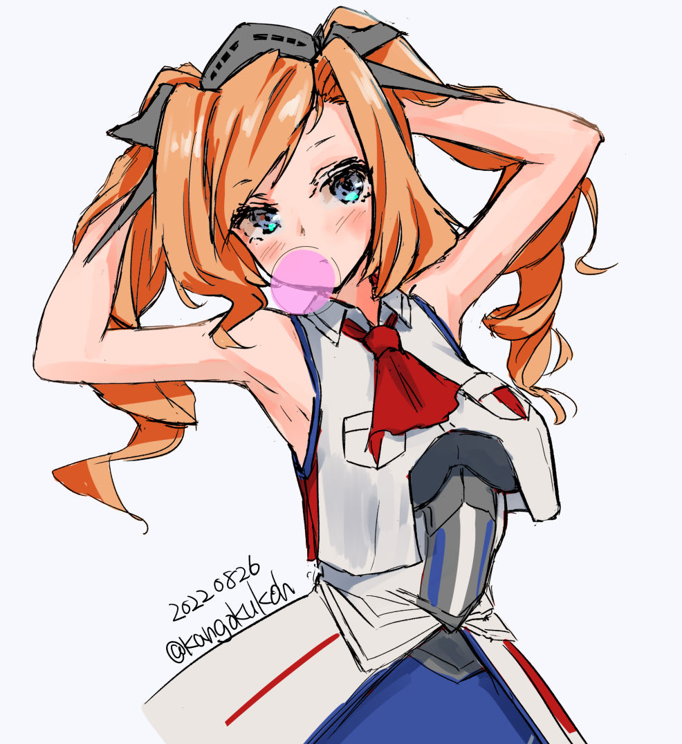 1girl arms_behind_head ascot blonde_hair blowing_bubble_gum blowing_bubbles blue_dress blue_eyes breast_pocket breasts chewing_gum cowboy_shot dress drill_hair honolulu_(kancolle) kangoku_kou kantai_collection large_breasts long_hair military military_uniform one-hour_drawing_challenge pocket red_ascot shirt sleeveless sleeveless_jacket sleeveless_shirt solo twin_drills twintails
