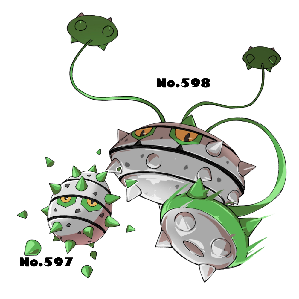 commentary_request evolutionary_line ferroseed ferrothorn gen_5_pokemon looking_down motion_blur nakamu_(nkm8gotsugotsu) nintendo no_humans plant pokedex_number pokemon pokemon_(creature) simple_background spikes vines white_background